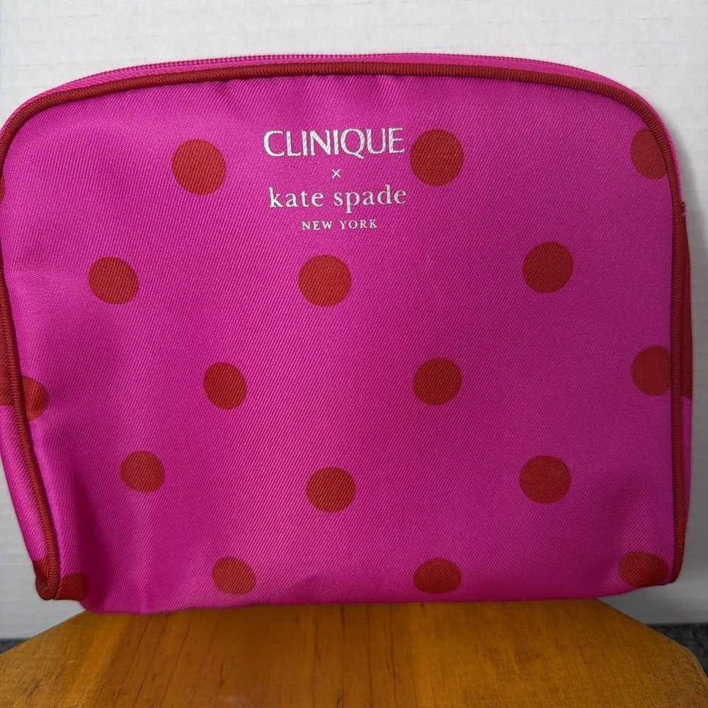 Clinique x Kate Spade Cosmetic Makeup‎ Bag Pink Polka Dots Travel Vacation